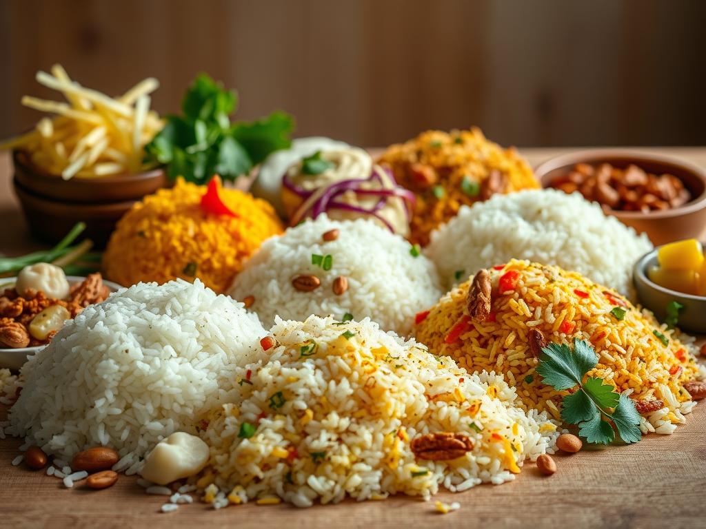 A vibrant still life composition showcasing an assortment of creative rice-based side dishes. In the foreground, various rice preparations are artfully arranged, including fluffy white rice, fragrant saffron rice, and colorful vegetable-infused rice. The midground features delectable accompaniments like crispy fried onions, toasted nuts, fresh herbs, and tangy pickled vegetables. The background is softly lit, creating a warm, inviting atmosphere. The camera angle is slightly elevated, allowing the viewer to appreciate the diverse textures, colors, and flavors of these "kreative Beilagen" - the perfect accompaniment to a home-cooked meal.