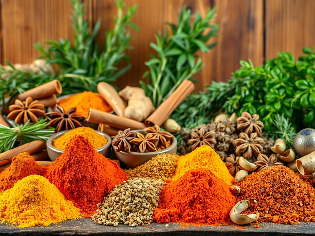 A vibrant still life featuring an assortment of regional spices and herbs. In the foreground, an array of colorful piles of powdered spices, including turmeric, paprika, cumin, and ginger. In the middle ground, whole spices like cinnamon sticks, star anise, and cardamom pods are arranged in small bowls. The background showcases lush green herbs like rosemary, thyme, and oregano, set against a rustic wooden surface illuminated by warm, natural lighting. The overall composition conveys a sense of culinary abundance and global diversity, capturing the essence of "Regionale Gewürzvielfalt".