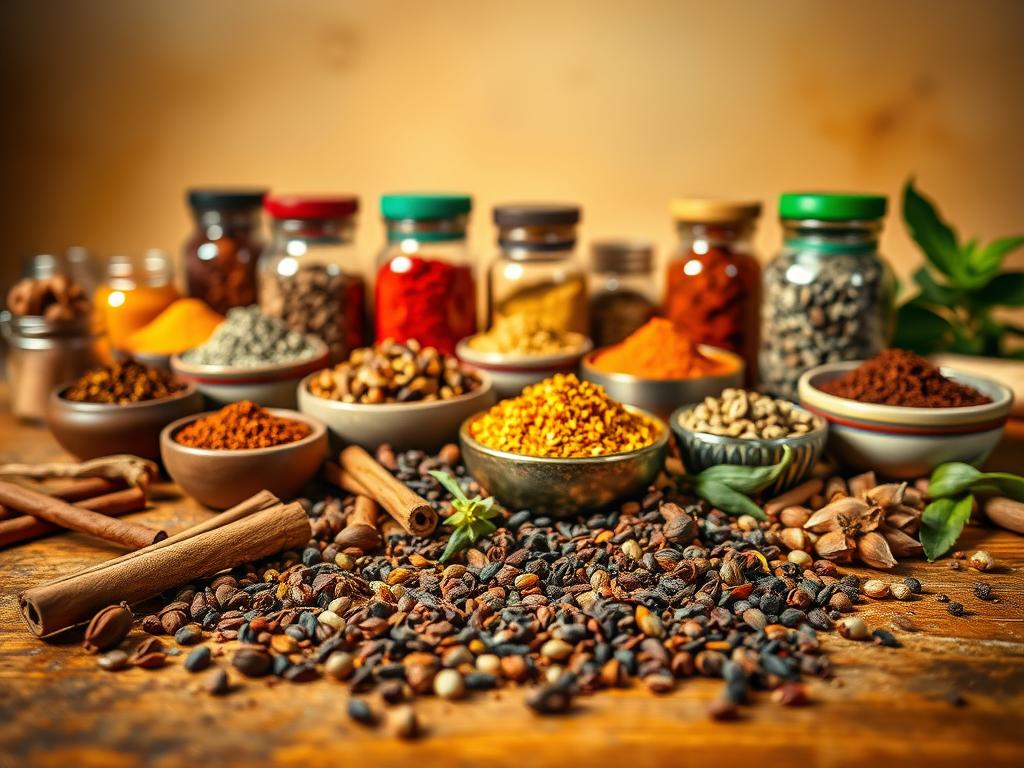 A vibrant still life showcasing an array of international spice blends. In the foreground, a wooden table is adorned with various spice jars and bowls, each containing a unique and fragrant seasoning. The mid-ground features a scattering of whole spices, such as cinnamon sticks, cardamom pods, and cloves, creating a captivating visual texture. In the background, a soft, warm-toned backdrop subtly accentuates the rich hues of the spices, evoking a sense of global culinary exploration. The lighting is natural and diffused, casting gentle shadows and highlighting the intricate details of the spice collection. The overall composition conveys a sense of artisanal craftsmanship and the allure of discovering new flavors from around the world.