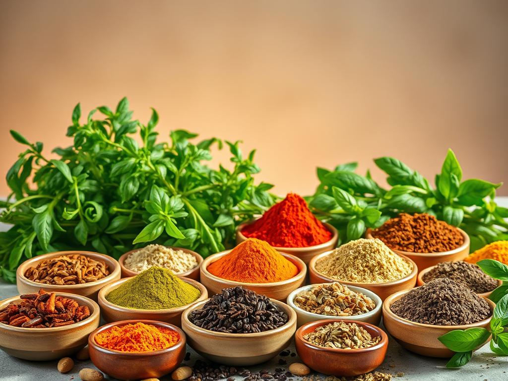 A vibrant still life showcasing the diverse array of global spices and herbs. In the foreground, an assortment of whole and ground spices are arranged in small ceramic bowls, their rich hues and distinctive textures contrasting beautifully. In the middle ground, lush bunches of fresh herbs, their delicate leaves gently curling, add pops of verdant green. The background features a neutral, softly-lit backdrop, allowing the spices and herbs to take center stage. Warm, directional lighting casts gentle shadows, accentuating the depth and dimensionality of the scene. The overall composition evokes a sense of culinary exploration, inviting the viewer to discover the wondrous diversity of flavors from around the world.