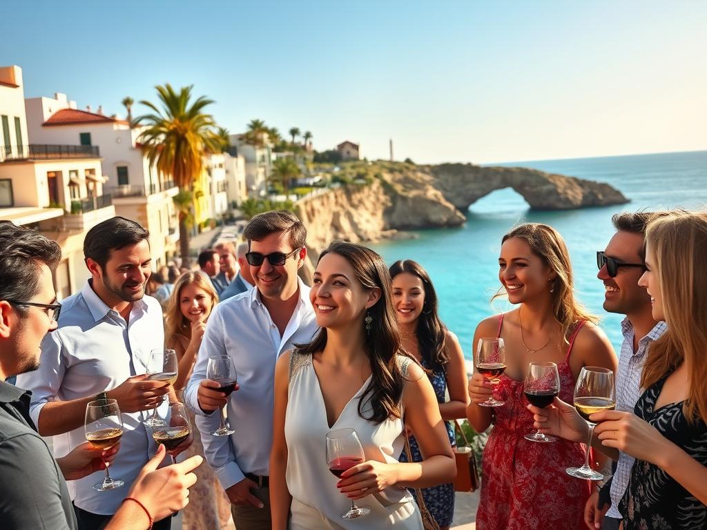 A vibrant, sun-drenched scene of a group of well-dressed, smiling singles in their 30s enjoying a lively outdoor gathering in a picturesque coastal town. The foreground features a mix of men and women conversing animatedly over glasses of wine, with the middle ground showcasing a charming promenade lined with quaint shops and cafes. In the background, a stunning vista of azure waters, rocky cliffs, and swaying palm trees create a breathtaking Mediterranean ambiance, evoking a sense of relaxation and connection. The lighting is warm and golden, casting a soft, inviting glow over the entire scene. The composition is balanced, with a sense of movement and energy that captures the spirit of a thriving singles getaway.