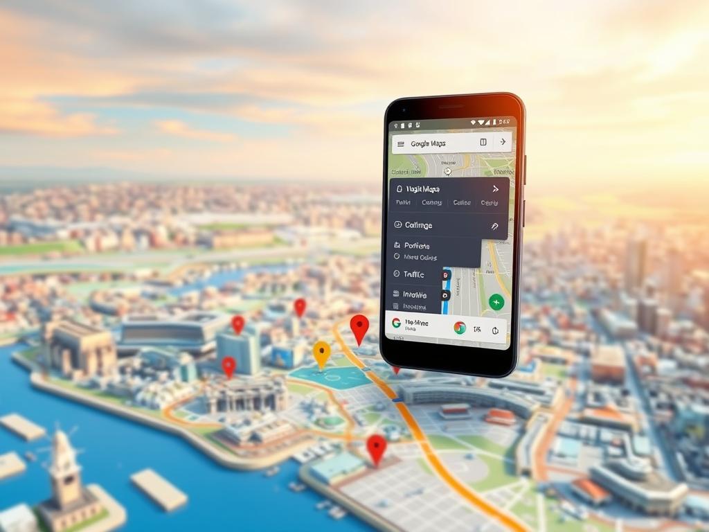 A visually striking and informative image showcasing the key features of Google Maps as a practical navigation tool. Prominently displayed in the foreground, a detailed 3D map of a bustling city landscape with various points of interest marked, navigable routes highlighted, and traffic conditions displayed. In the middle ground, intuitive app controls and menus float alongside the map, illustrating the user-friendly interface. The background depicts a serene sky with soft, diffused lighting, creating a sense of calm and clarity. Crisp, high-resolution rendering with a cinematic depth of field, capturing the essence of an efficient and reliable route planning experience.