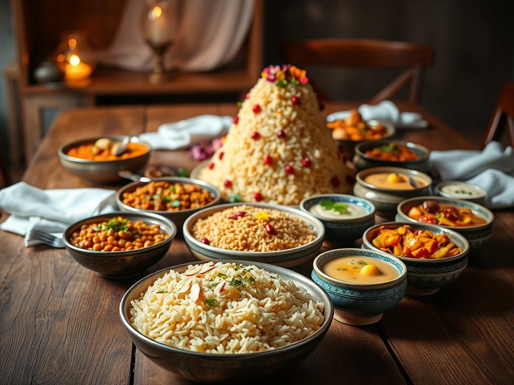 A visually stunning and mouthwatering spread of special occasion rice dishes, artfully arranged on a rustic wooden table. In the foreground, a steaming bowl of fragrant saffron-infused basmati rice, garnished with slivered almonds and vibrant green herbs. Alongside, a colorful array of side dishes - a creamy lentil curry, a zesty vegetable biryani, and a delicate Persian rice pudding, each presented in elegant, handcrafted ceramic bowls. The middle ground features an impressive centerpiece, a towering, ornately decorated rice mound, adorned with edible flowers and a scattering of pomegranate seeds. In the background, a simple yet elegant table setting, with crisp white linens, gleaming metal utensils, and a softly glowing oil lamp, creating a warm, inviting atmosphere. Soft, directional lighting illuminates the scene, casting gentle shadows and highlights the rich, earthy tones of the dishes.