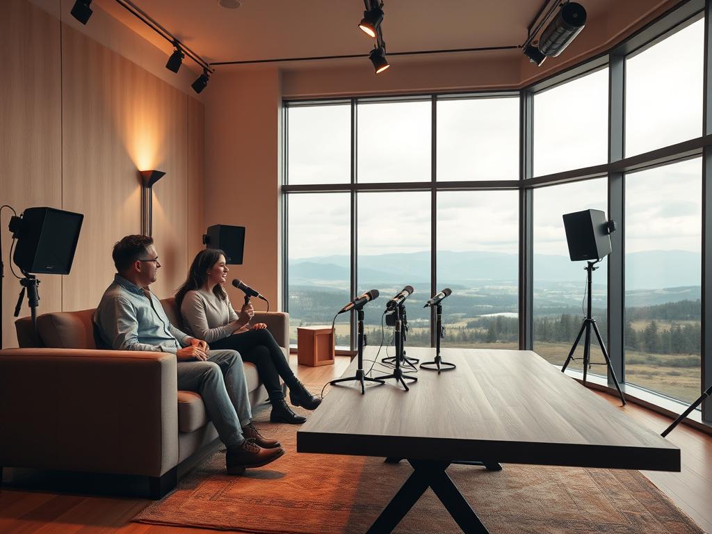 A warm, inviting studio setting with a modern, minimalist design. In the foreground, two people sit comfortably on a plush sofa, engaged in an animated discussion. Soft, diffused lighting from overhead sources creates a cozy, intimate atmosphere. The middle ground features a sleek, wooden table with a few microphones and a high-quality camera, hinting at the professional nature of the interviews. In the background, a large, floor-to-ceiling window offers a glimpse of a picturesque landscape, adding depth and a sense of connection to the "Heimat" theme. The overall mood is one of curiosity, expertise, and a welcoming environment for insightful conversations.
