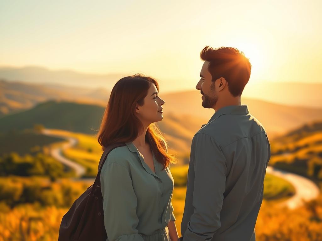 A warm, sunlit scene of two people engaged in deep conversation, their body language and expressions conveying a sense of intimacy and connection. In the foreground, the figures are rendered with a soft, painterly style, their features subtly detailed. The middle ground features a serene, idyllic landscape - rolling hills, lush greenery, and a winding path that leads the eye towards the horizon. The lighting is natural and diffused, casting a golden glow that enhances the tranquil atmosphere. The background is slightly blurred, creating a sense of depth and focus on the central interaction. The overall mood is one of thoughtful contemplation and the strengthening of interpersonal bonds through the experience of travel.