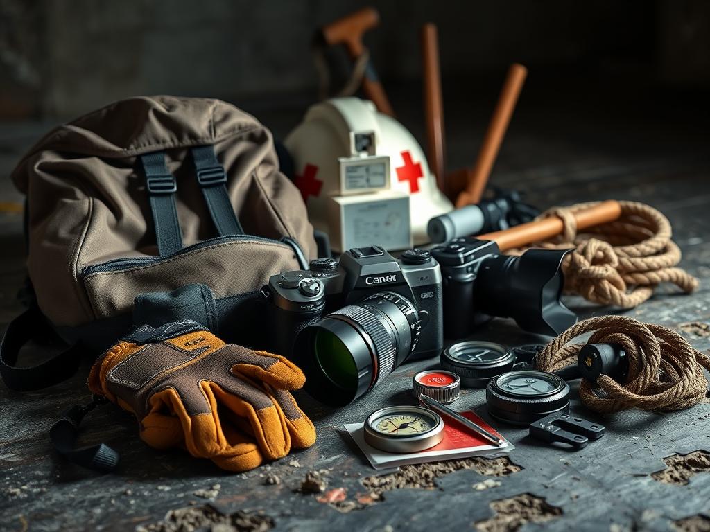 A well-equipped urban explorer's kit, laid out on a rugged, industrial-style surface. In the foreground, a sturdy backpack, work gloves, and a powerful flashlight. In the middle ground, a high-quality camera with a wide-angle lens, a compass, and a first-aid kit. In the background, a hardhat, a rope, and a crowbar, hinting at the adventurous and potentially hazardous nature of urban exploration. The lighting is dramatic, casting long shadows and highlighting the textures of the equipment. The overall mood is one of preparation, adventure, and a sense of discovery, inviting the viewer to imagine the hidden wonders that await the intrepid urban explorer.