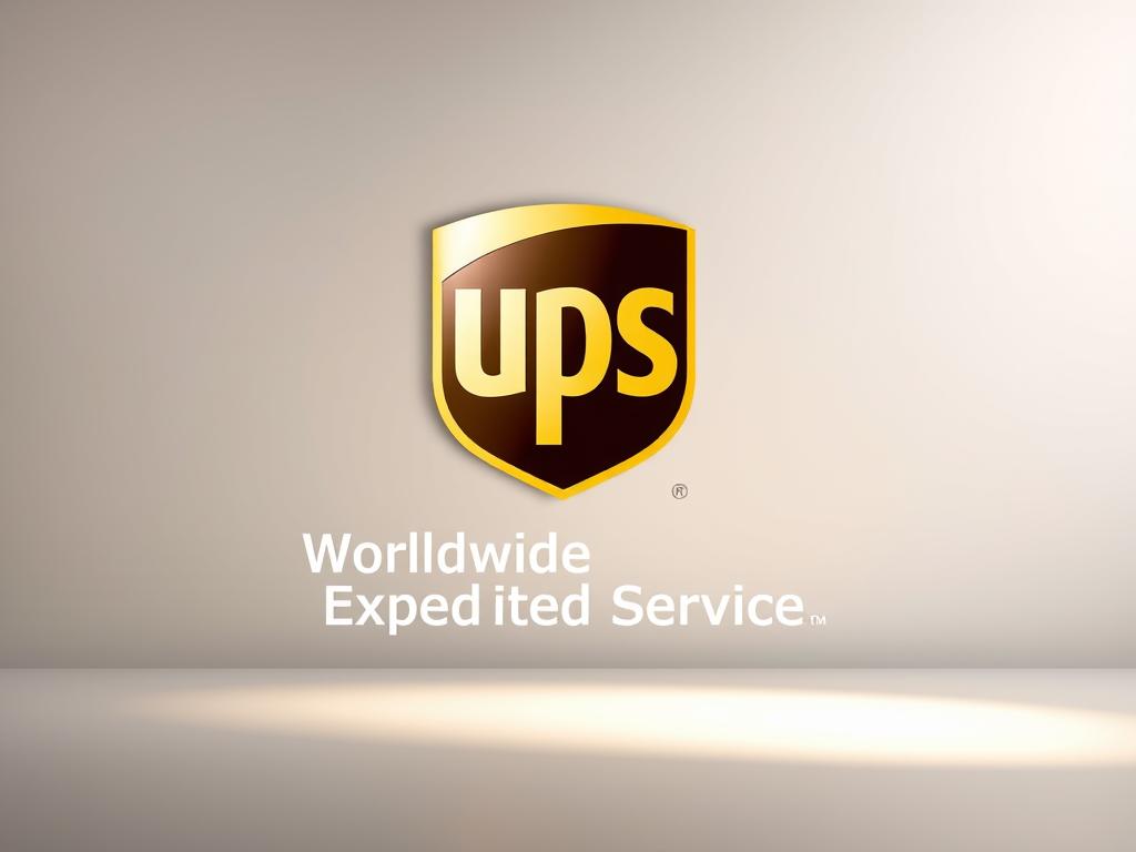 A well-lit, high-resolution photograph of the UPS Worldwide Expedited Service logo against a clean, modern background. The logo should be the focal point, rendered with crisp, precise details and vibrant colors. The overall scene should convey a sense of efficiency, reliability, and global reach, reflecting the core values of the UPS expedited shipping service. The background should be minimalist, with soft gradients or subtle textures to complement the logo without distracting from it. Lighting should be directional, with slight shadows to give the image depth and dimensionality. The camera angle should be slightly elevated, creating a sense of authority and professionalism.