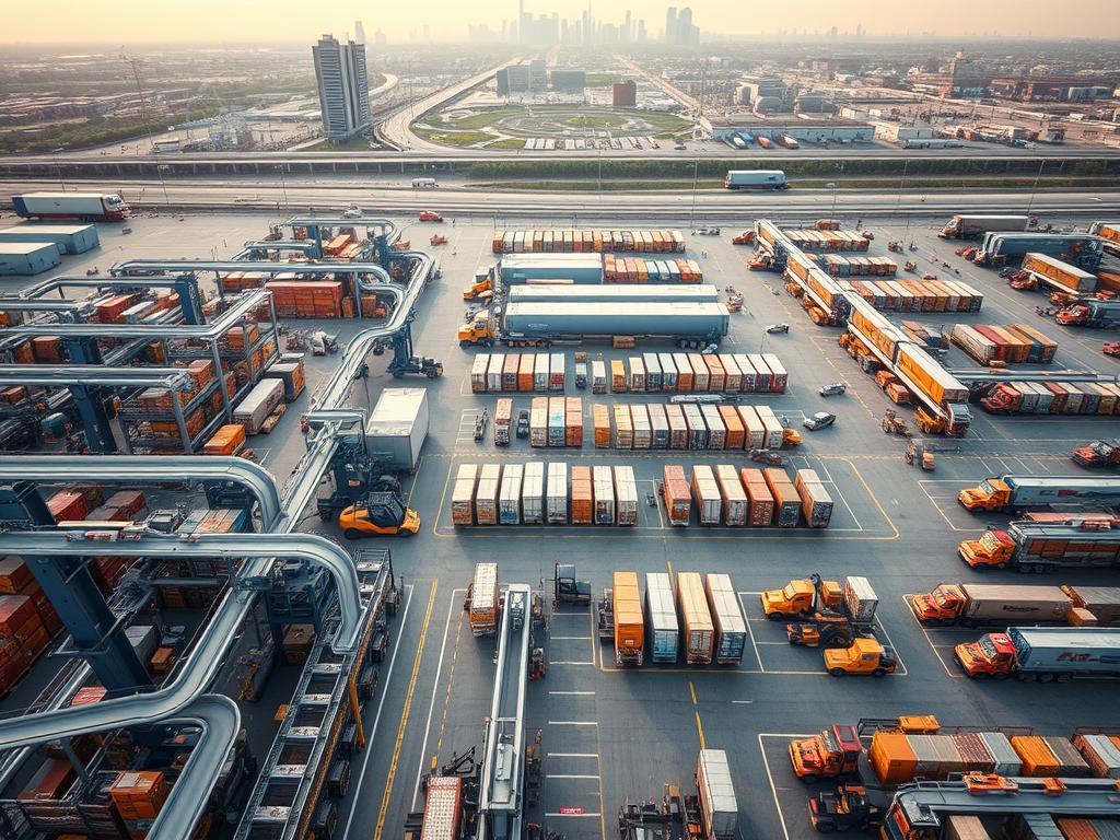 An aerial view of a modern logistics center, surrounded by a network of transportation hubs and warehouses. In the foreground, a complex web of conveyor belts, forklifts, and automated systems efficiently manage the flow of goods. The middle ground features rows of loading docks and trucks, with workers coordinating shipments. In the background, a cityscape with skyscrapers and highways symbolizes the interconnected global supply chain. Warm, diffused lighting creates a sense of productivity and optimization, while the composition emphasizes the scale and complexity of this synchronized system.