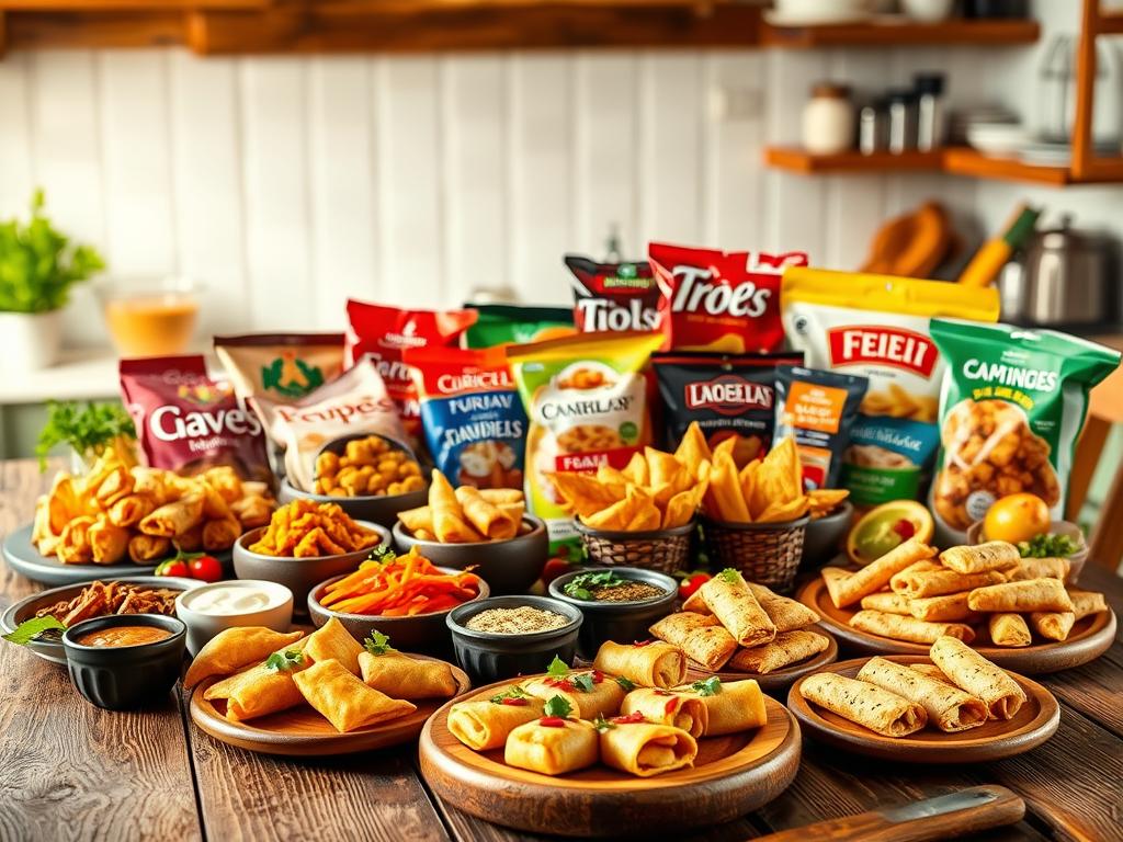 An assortment of international snacks artfully arranged on a rustic wooden table, illuminated by warm, natural lighting. In the foreground, an array of vibrant, freshly prepared dishes - such as spicy samosas, colorful spring rolls, and crisp empanadas - alongside various dips, sauces, and garnishes. In the middle ground, an assortment of packaged snacks from around the world, each with its own distinct packaging and flavor profile. The background features a softly blurred, yet inviting, kitchen setting, hinting at the homemade preparation of these global delights. The overall composition conveys a sense of culinary exploration, encouraging the viewer to dive into the flavors of different cultures.