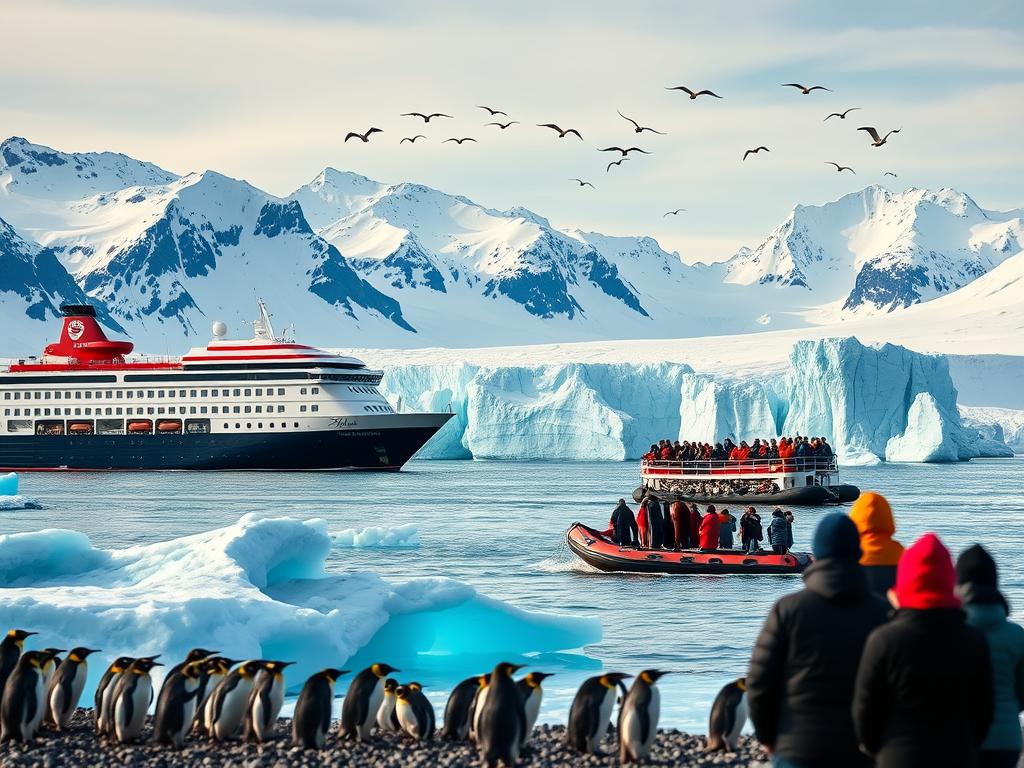 An expedition cruise ship navigating through the icy waters of the Antarctic Peninsula, surrounded by towering glaciers and majestic mountains. In the foreground, a group of passengers bundled in warm clothing are observing a colony of penguins waddling along the shore. The middle ground features a zodiac boat transporting adventurous tourists to explore a nearby ice cave, its intricate blue and white formations illuminated by the natural light. The background showcases the vast, untamed wilderness of Antarktis, with a flock of seabirds soaring overhead against a backdrop of pristine, snow-capped peaks. The scene conveys a sense of awe, exploration, and the immersive experience of discovering the unique wonders of this remote, untamed landscape.