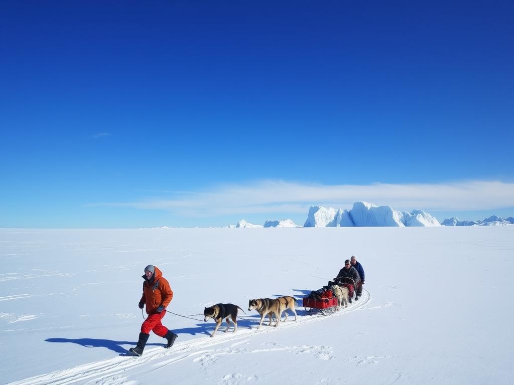 An expedition to the North Pole, a vast expanse of pristine, snow-capped landscapes under a crisp, azure sky. In the foreground, a rugged expedition team trudges through the powdery snow, bundled in thick winter gear, their faces weathered by the biting wind. In the middle ground, a line of sled dogs pulls a heavy-laden sled, their breath visible in the frosty air. Beyond, towering icebergs glisten in the distance, reflecting the low-angled sunlight. The scene exudes a sense of adventure, exploration, and the triumph of the human spirit over the harsh, unforgiving elements of the Arctic.