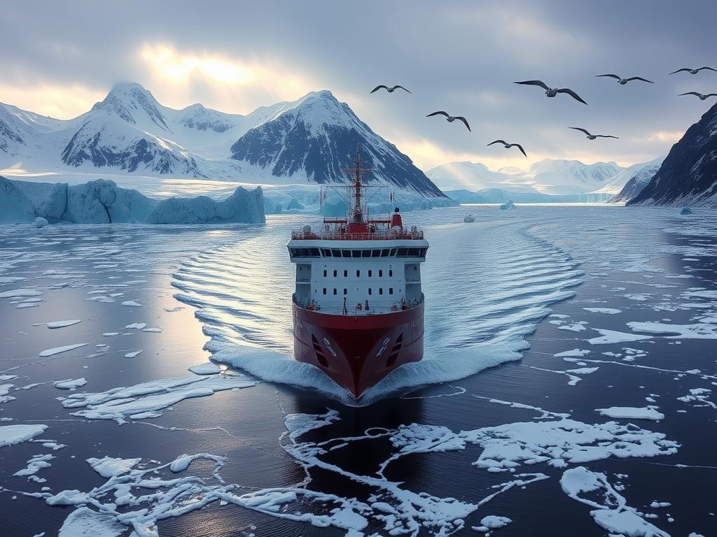 An icebreaker ship cutting through the frozen waters of the Arctic Ocean, surrounded by towering glaciers and snow-capped peaks. The vessel's powerful engines propel it forward, leaving a trail of churned ice in its wake. Shafts of sunlight pierce through the overcast sky, casting a warm glow on the rugged, windswept landscape. In the distance, a flock of Arctic terns soar gracefully, their wings reflecting the crystalline blue of the sea. The air is crisp and invigorating, hinting at the untamed beauty and harsh realities of this remote, yet captivating, expedition to the North Pole.