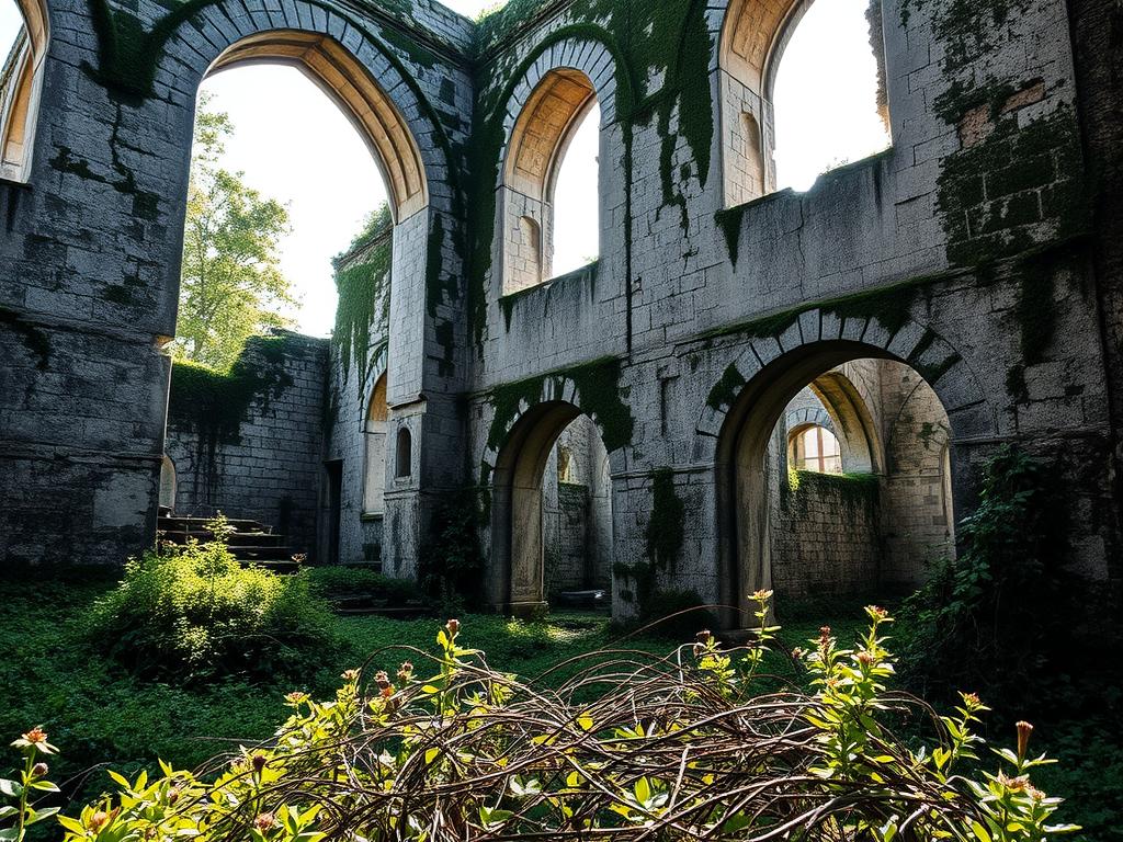 An old, weathered stone ruin stands solemnly in a lush, overgrown landscape. Sunlight filters through the crumbling arches, casting dramatic shadows on the moss-covered walls. Cracked and peeling plaster reveals the underlying masonry, telling a story of time and decay. The scene evokes a sense of melancholic beauty, where nature reclaims the abandoned architecture. In the foreground, a tangled web of vines and wildflowers softens the harsh edges of the ruin, creating a visually striking contrast between the man-made and the natural. The overall atmosphere is one of quiet contemplation, inviting the viewer to ponder the aesthetic value of architectural deterioration.