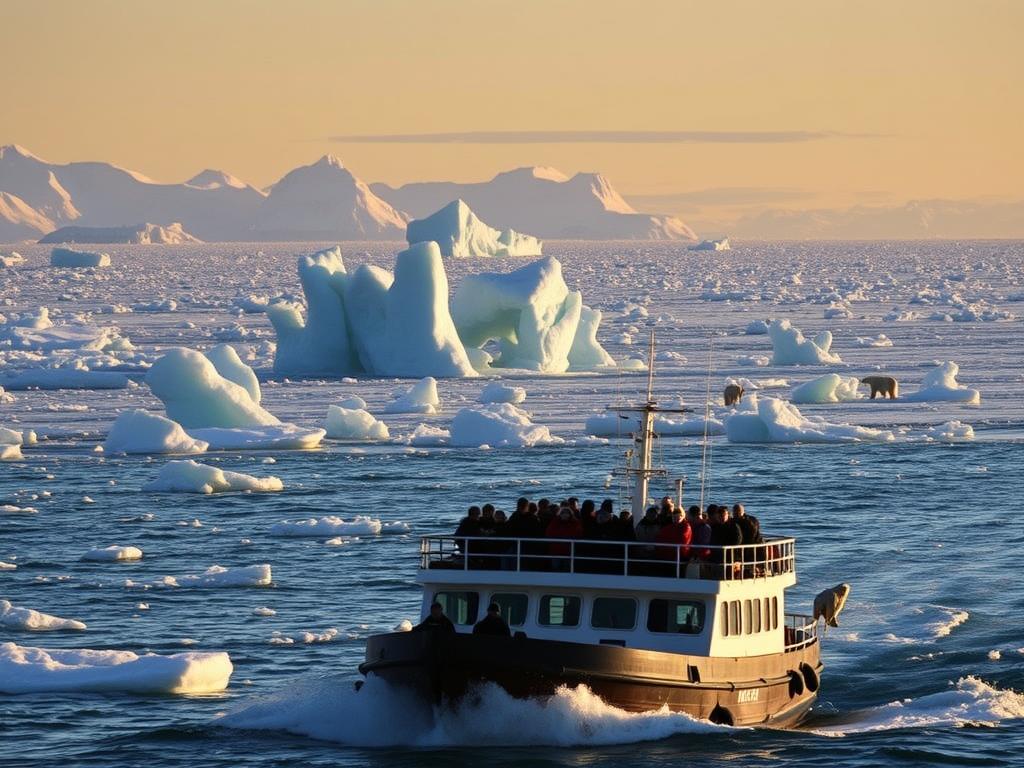 Arktis Expeditionen: A vast, pristine landscape of snow-capped peaks, glistening glaciers, and icy Arctic waters. In the foreground, a rugged expedition vessel cuts through the icy waves, its sturdy hull navigating the treacherous channels. Onboard, a group of adventurers gaze out at the stunning vistas, their faces alight with a sense of wonder and discovery. The middle ground is dominated by towering icebergs, their translucent forms casting ethereal shadows on the surface of the sea. In the distance, the horizon is punctuated by the silhouettes of majestic polar bears, their movements graceful and powerful. The scene is bathed in a soft, golden light, creating a serene and atmospheric mood that captures the essence of the Arctic expedition experience.