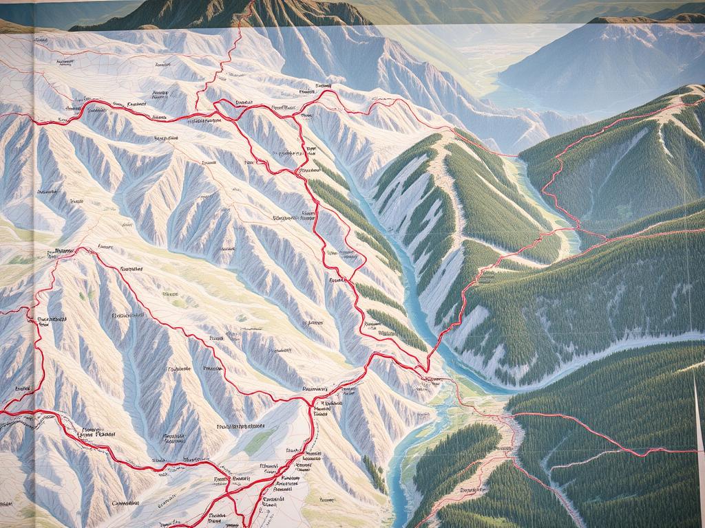 Detailed topographic map of a travel route plan, with a winding road network set against a mountainous landscape. The map features clearly defined paths, marked with road names and distances. Lush forests, rivers, and valleys fill the background, creating a sense of depth and naturalistic scenery. The lighting is soft and natural, with warm hues accentuating the terrain. The camera angle is slightly elevated, providing an overview perspective that emphasizes the comprehensive nature of the route plan. The overall mood is one of exploration and adventure, inviting the viewer to envision navigating the mapped pathways.