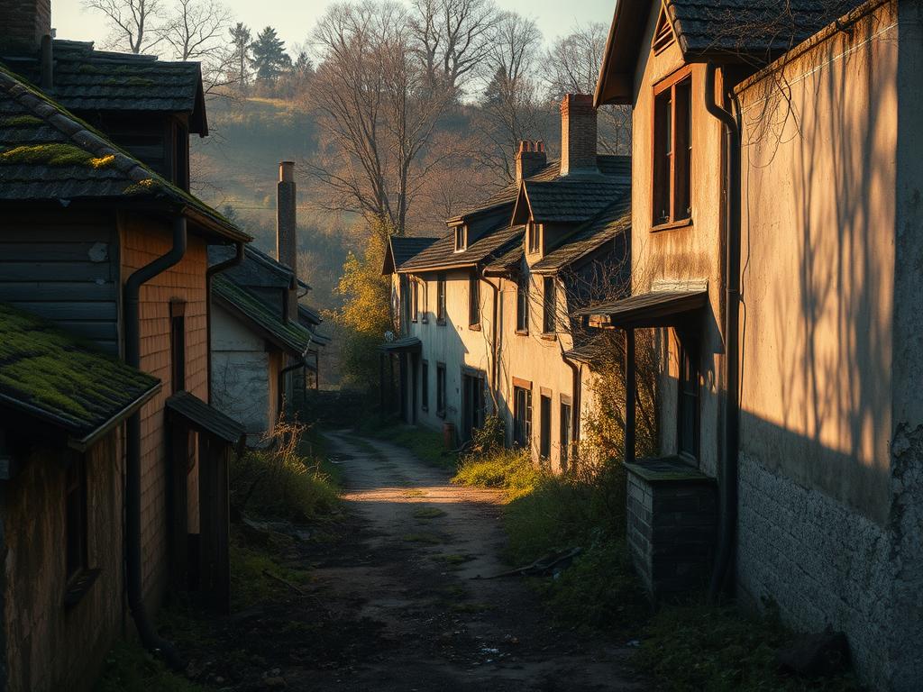 Explore a forgotten hamlet, its weathered buildings and overgrown streets bathed in a soft, golden light. Capture the eerie tranquility, as nature gradually reclaims this abandoned place. Moss-covered roofs, crumbling walls, and a sense of melancholy pervade the scene. The camera angles offer a sense of discovery, inviting the viewer to step into this time-forgotten world. Shadows cast by the setting sun create an atmosphere of mystery and solemnity, highlighting the ephemeral nature of human settlements. This visually striking image will convey the allure and intrigue of such forgotten locales, reflecting the captivating essence of "Verlassene Orte erkunden".