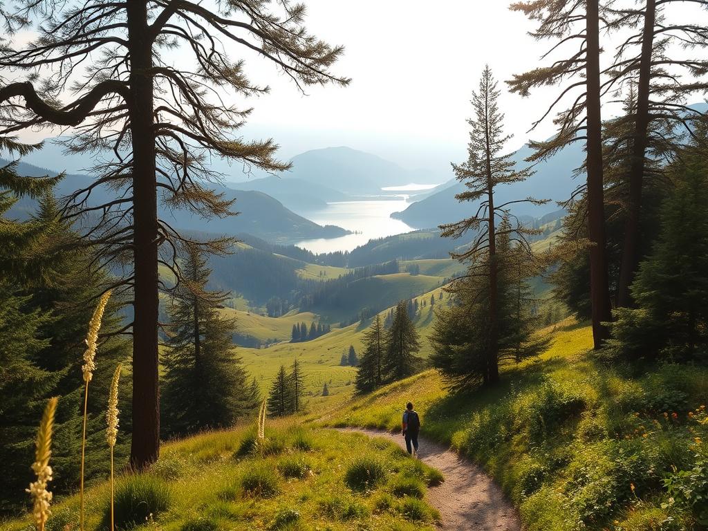 Explore ancient trails winding through lush German landscapes. In the foreground, a hiker traverses a well-worn path flanked by towering evergreens, their branches casting intricate shadows. The middle ground reveals rolling hills blanketed in verdant meadows, dotted with wildflowers. In the distance, a serene lake reflects the surrounding mountains, their peaks capped with pristine snow. Soft, warm lighting filters through the canopy, imbuing the scene with a sense of timeless tranquility. Capture the spirit of discovery as you venture into these untamed, timeless routes.