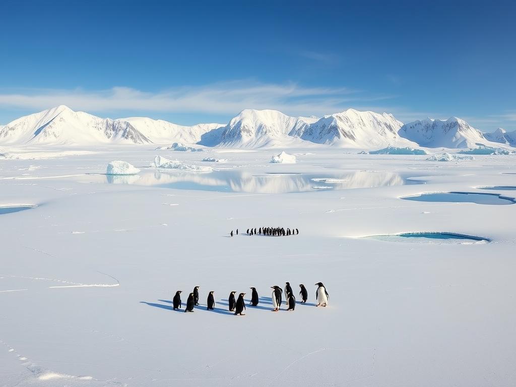 Majestic Antarctic landscape, captured in a panoramic frame. In the foreground, a vast expanse of pristine, icy terrain, dotted with the silhouettes of towering glaciers and serene, mirror-like lakes. The middle ground features a colony of curious penguins, waddling amidst the snow and ice, their black-and-white forms contrasting against the muted tones of the environment. In the distance, the horizon is dominated by the imposing, snow-capped peaks of the Antarctic mountain range, bathed in the soft, golden light of the sun, casting long shadows across the scene. The overall atmosphere is one of tranquility and awe, inviting the viewer to immerse themselves in the grandeur and beauty of this untamed, frozen wonderland.