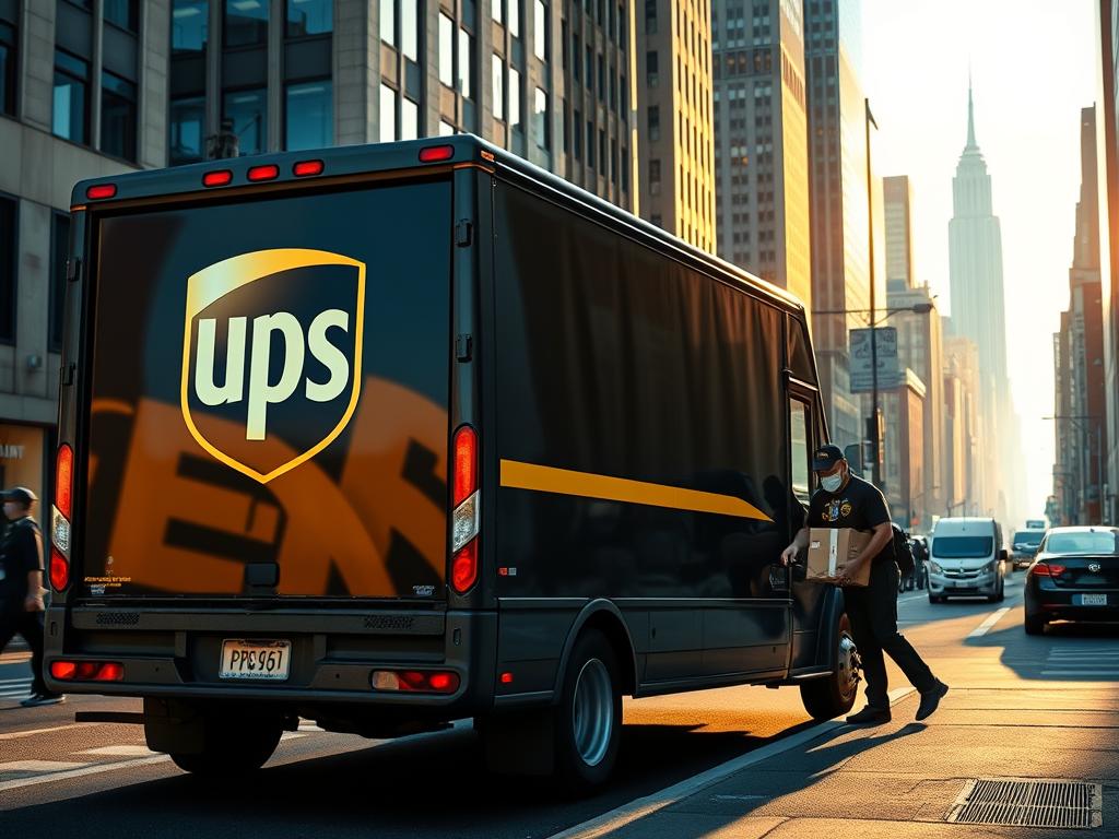Prompt A high-resolution, photorealistic image of a UPS delivery truck on a city street, with the UPS logo prominently displayed on the side of the vehicle. The truck is stopped at a curb, with a package being unloaded by a UPS delivery person in a uniform, captured from a ground-level perspective. The background features a busy urban landscape with skyscrapers, pedestrians, and other traffic, all bathed in warm, natural lighting that casts long shadows. The overall scene conveys a sense of efficiency, reliability, and the global reach of UPS's expedited delivery services.