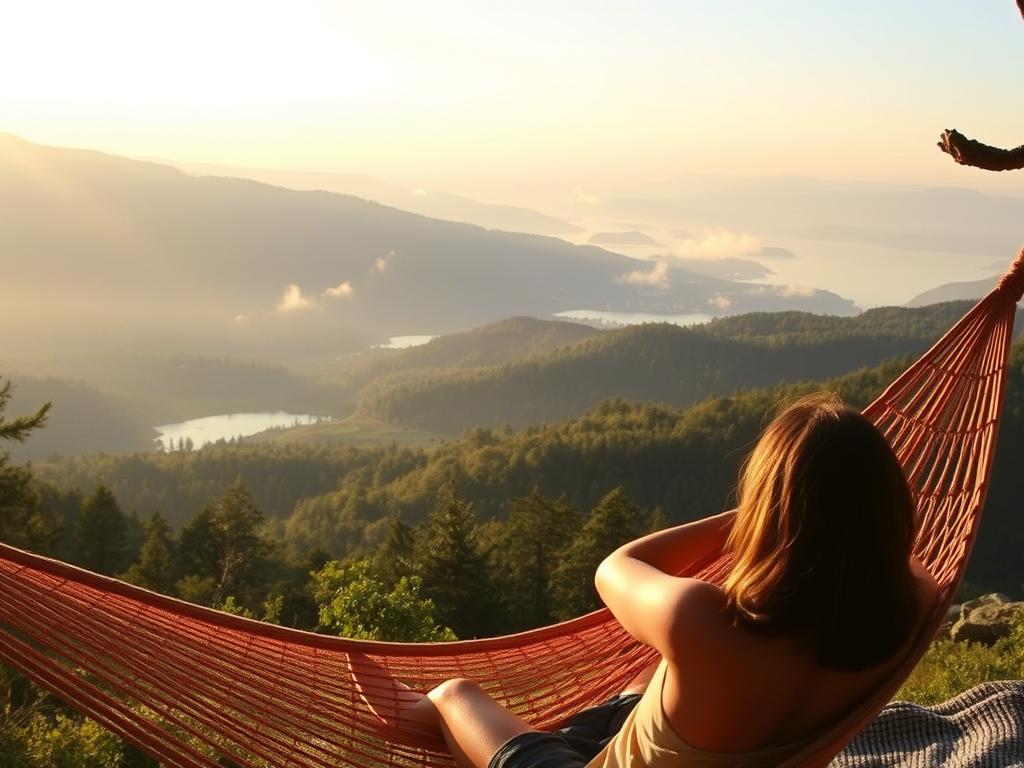 Prompt A serene landscape with rolling hills, pristine lakes, and lush forests in the background. In the foreground, a person relaxing on a cozy hammock, gazing at the tranquil scenery. Warm, golden light casts a soft glow, creating a peaceful, rejuvenating atmosphere. Subtle wisps of mist drift through the air, adding to the sense of calm and tranquility. The scene evokes a feeling of pure relaxation and escape from the stresses of everyday life, perfectly encapsulating the restorative power of travel.