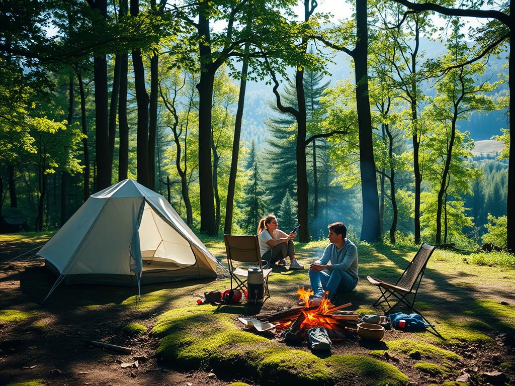 Serene forest clearing, sun-dappled foliage casting gentle shadows. In the foreground, a small campfire surrounded by a minimalist camping setup - canvas tent, bamboo chairs, and a portable cookstove. Nearby, a hiker's backpack and hiking poles resting on the mossy ground. In the middle ground, a young couple sitting by the fire, enjoying a simple meal and the tranquil ambiance. The background features lush, verdant trees and distant rolling hills, conveying a sense of remote, unspoiled nature. The overall scene radiates a tone of sustainable, eco-conscious camping, in harmony with the natural environment.
