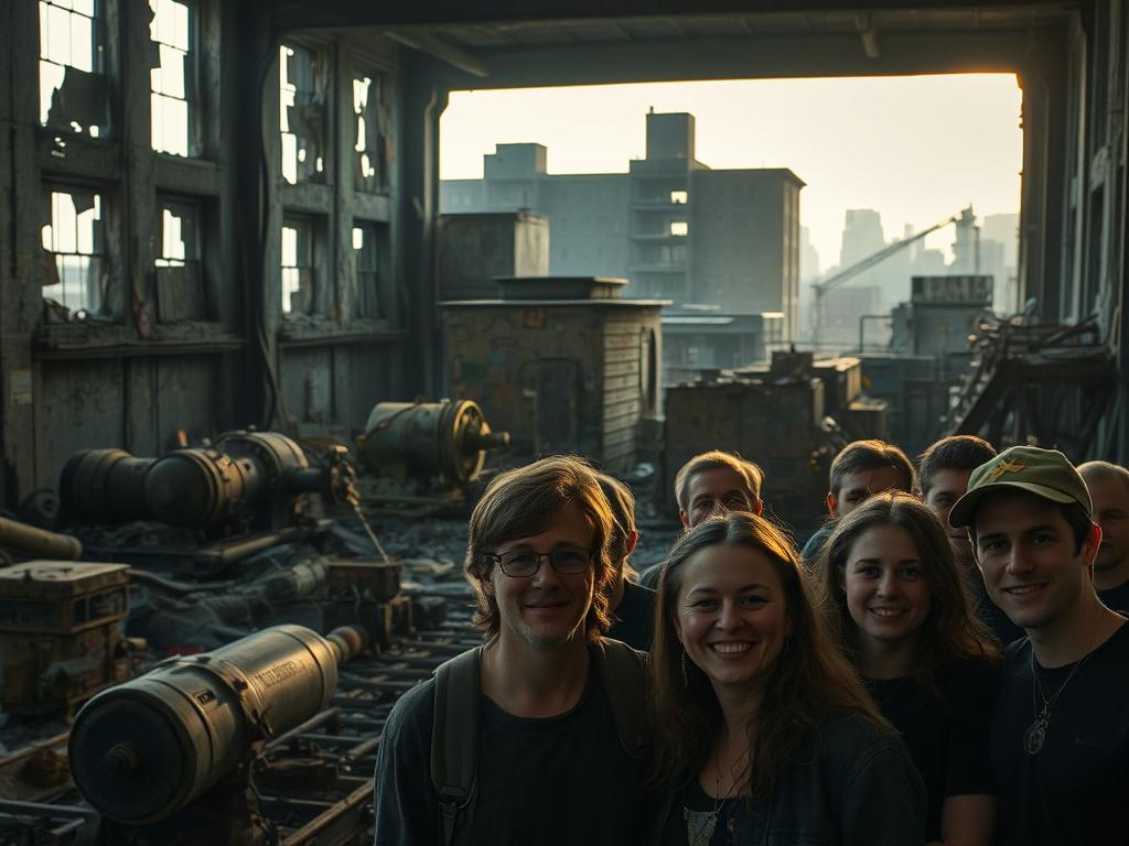 Urbex Community: A gritty, abandoned urban landscape, where light filters through crumbling windows, casting a moody, atmospheric glow. In the foreground, a group of urban explorers gather, their faces illuminated by the soft, warm light, their expressions a mix of curiosity and camaraderie. The middle ground reveals the remnants of a once-vibrant community - rusted machinery, peeling paint, and forgotten relics. In the background, the shadowy silhouettes of decaying buildings loom, hinting at the secrets and mysteries that lie within. The scene evokes a sense of exploration, discovery, and the reclamation of forgotten spaces, capturing the essence of the Urbex community and culture.