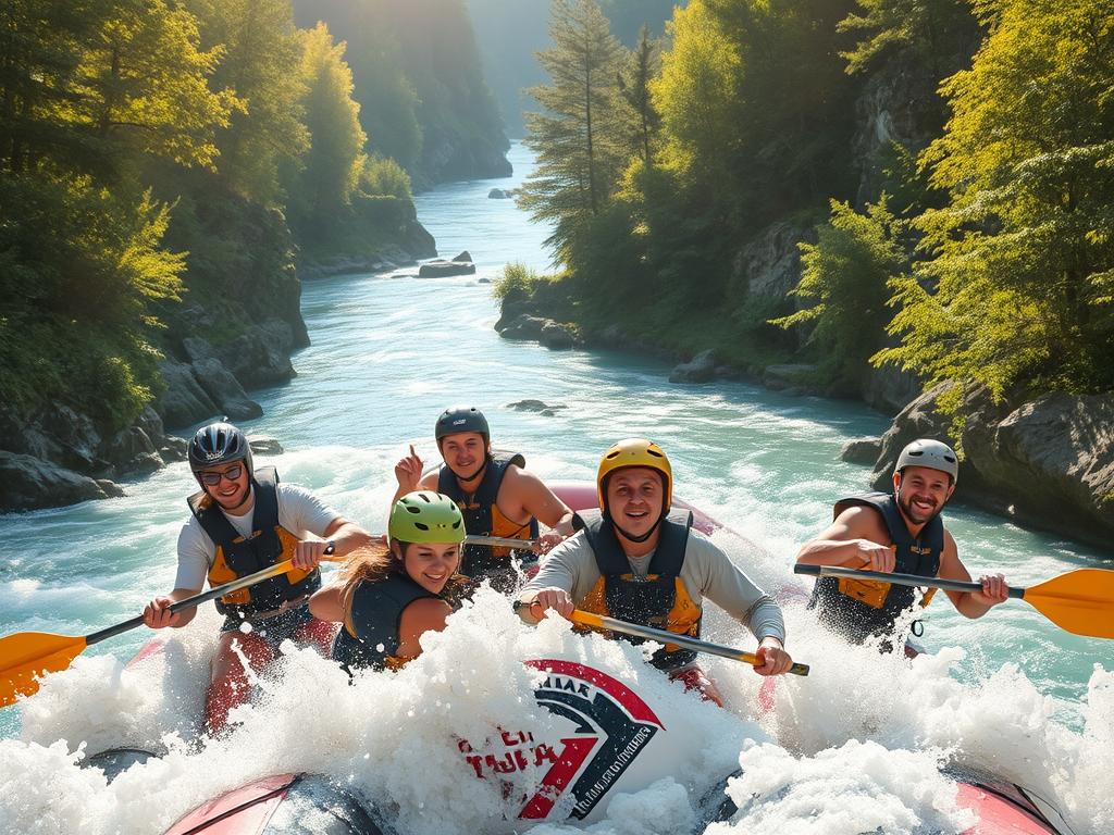 a photo of people white water rafting down the Isar River, surrounded by lush green forests and rocky cliffs. The raft is navigating through a section of turbulent rapids, with water splashing up around the riders. Sunlight filters through the trees, casting a warm, adventurous glow over the scene. The rafters wear life jackets and helmets, their expressions a mix of excitement and focus as they work together to steer the raft. In the background, the Isar's winding blue-green waters can be seen cutting through the rugged terrain. An exhilarating and scenic view of white water rafting on the Isar River.
